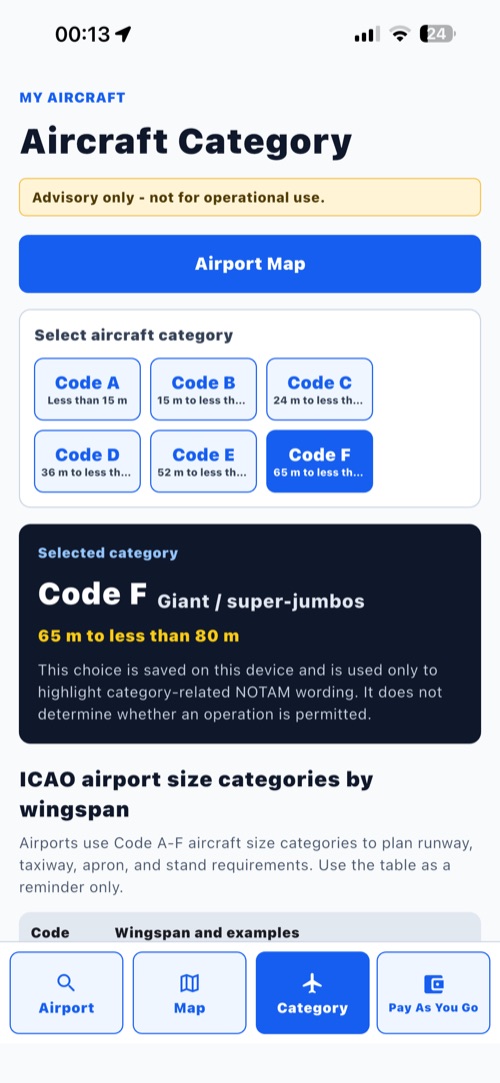 Pantalla de selección de categoría de aeronave