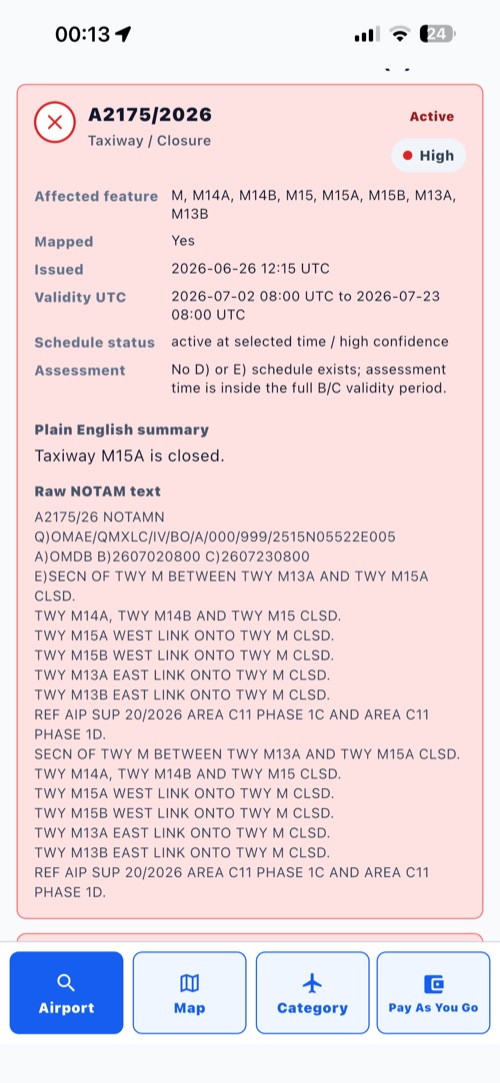 Detalle de NOTAM con resumen en lenguaje claro y texto original