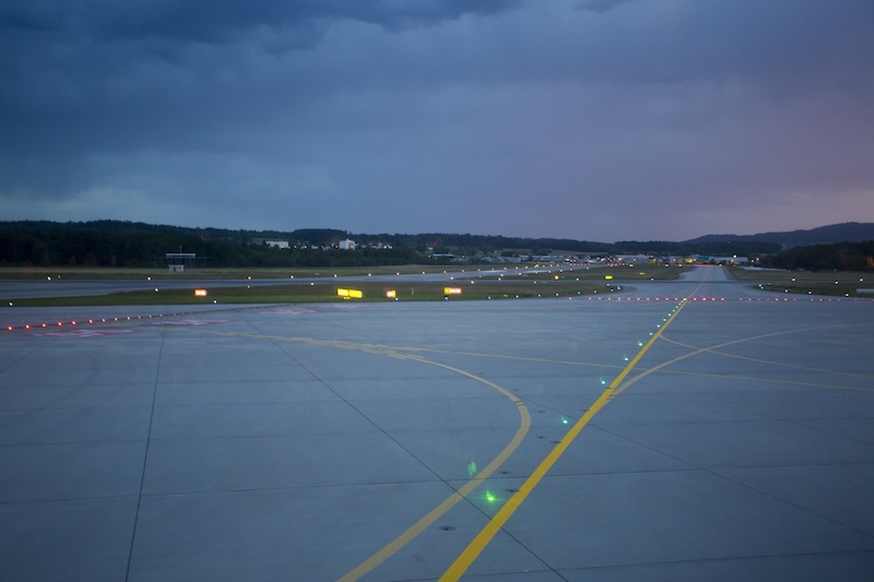 Airport runway and taxiway lights at night